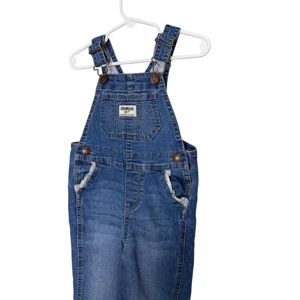 OshKosh Bgosh Kids 2T Blue Denim Floral Trim Bib Overalls Medium Wash